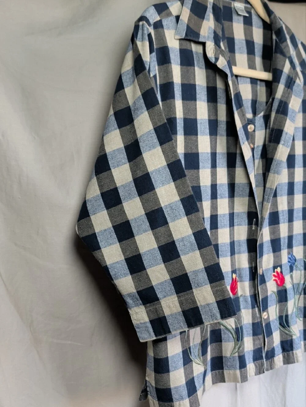 Embroidered Blue & White Gingham Button Shirt Set Grannycore Leisure Wear